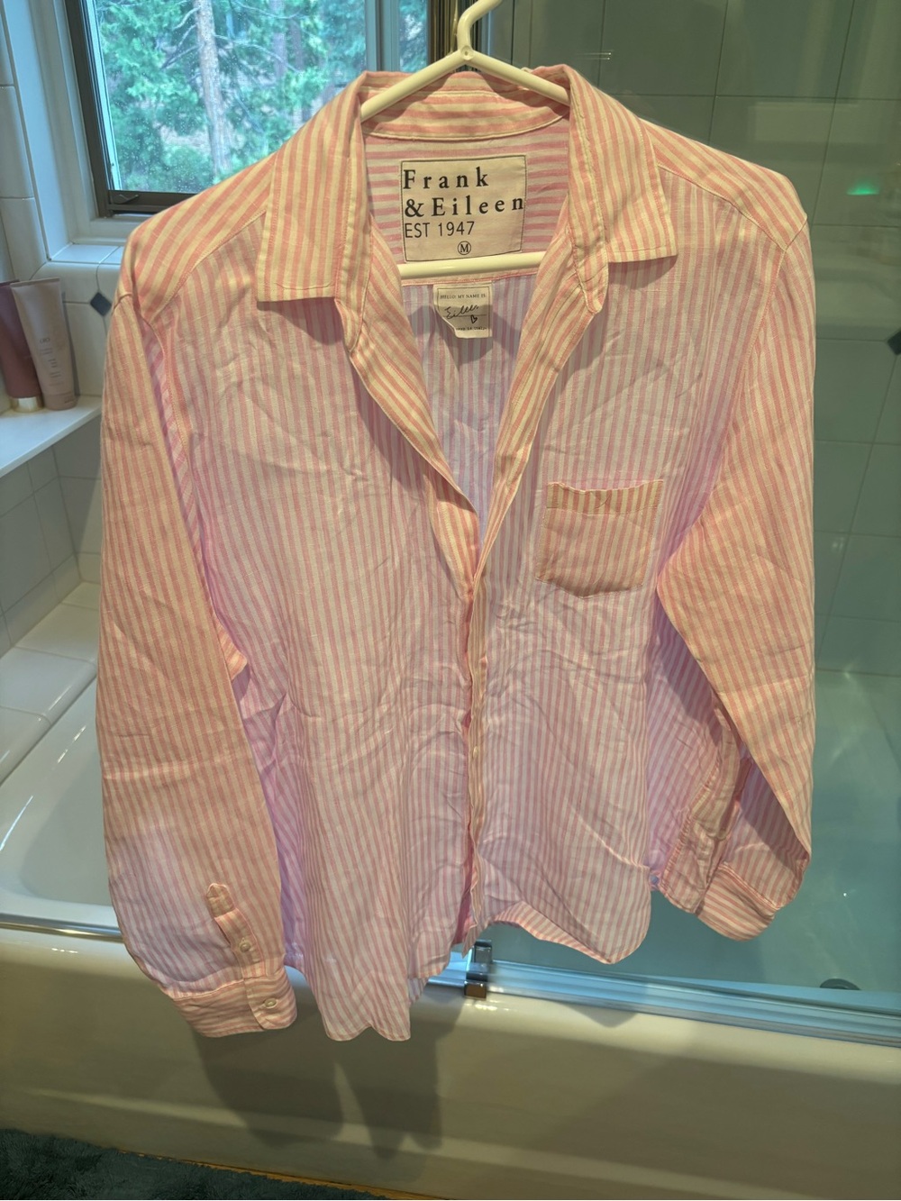 Frank & Eileen Linen Pink and White Striped Blouse NWOT